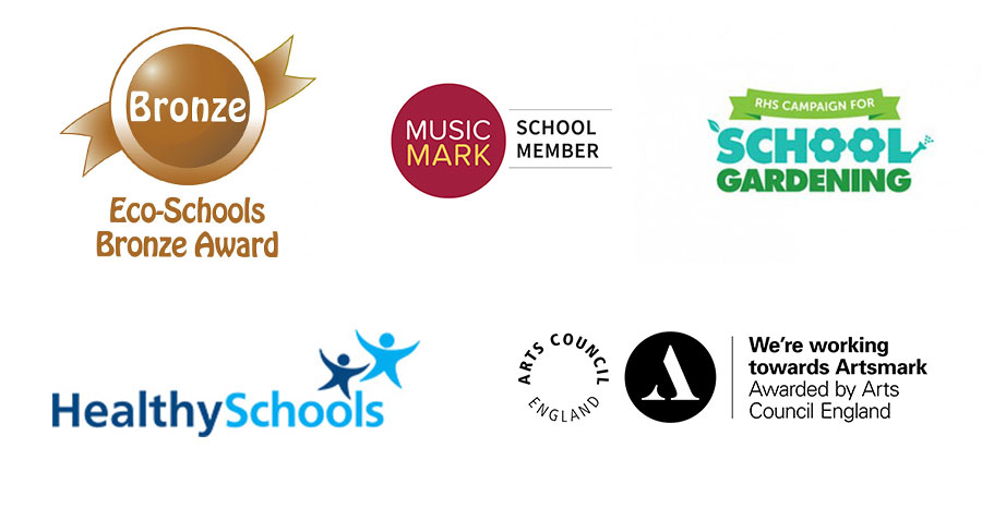 Bronze Eco Schools Logo, Music Mark Logo, RHS School Gardening Logo, Healthy Schools Logo and Arts Coucil England Logo